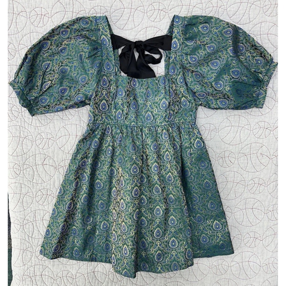 Free People Violet Mini Dress Puff Sleeve Green Gold Metallic Embroidered Small